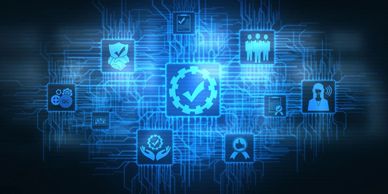 Digital icons connected in a blue circuit board pattern symbolizing quality and teamwork.