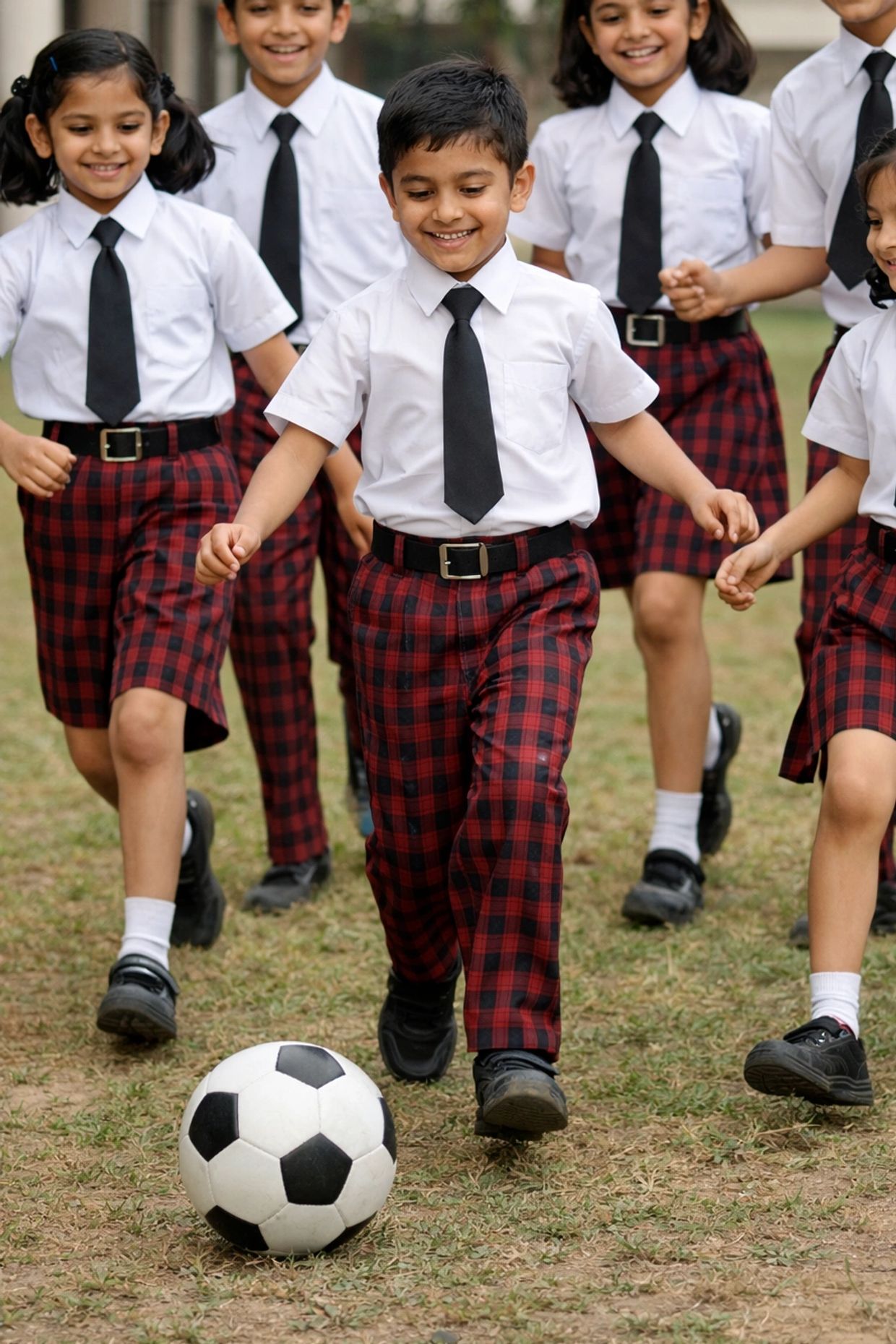 Children in school uniforms happily playing soccer outdoors.