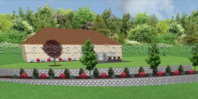 Landscaping design with 3D image. Retaining wall and planting