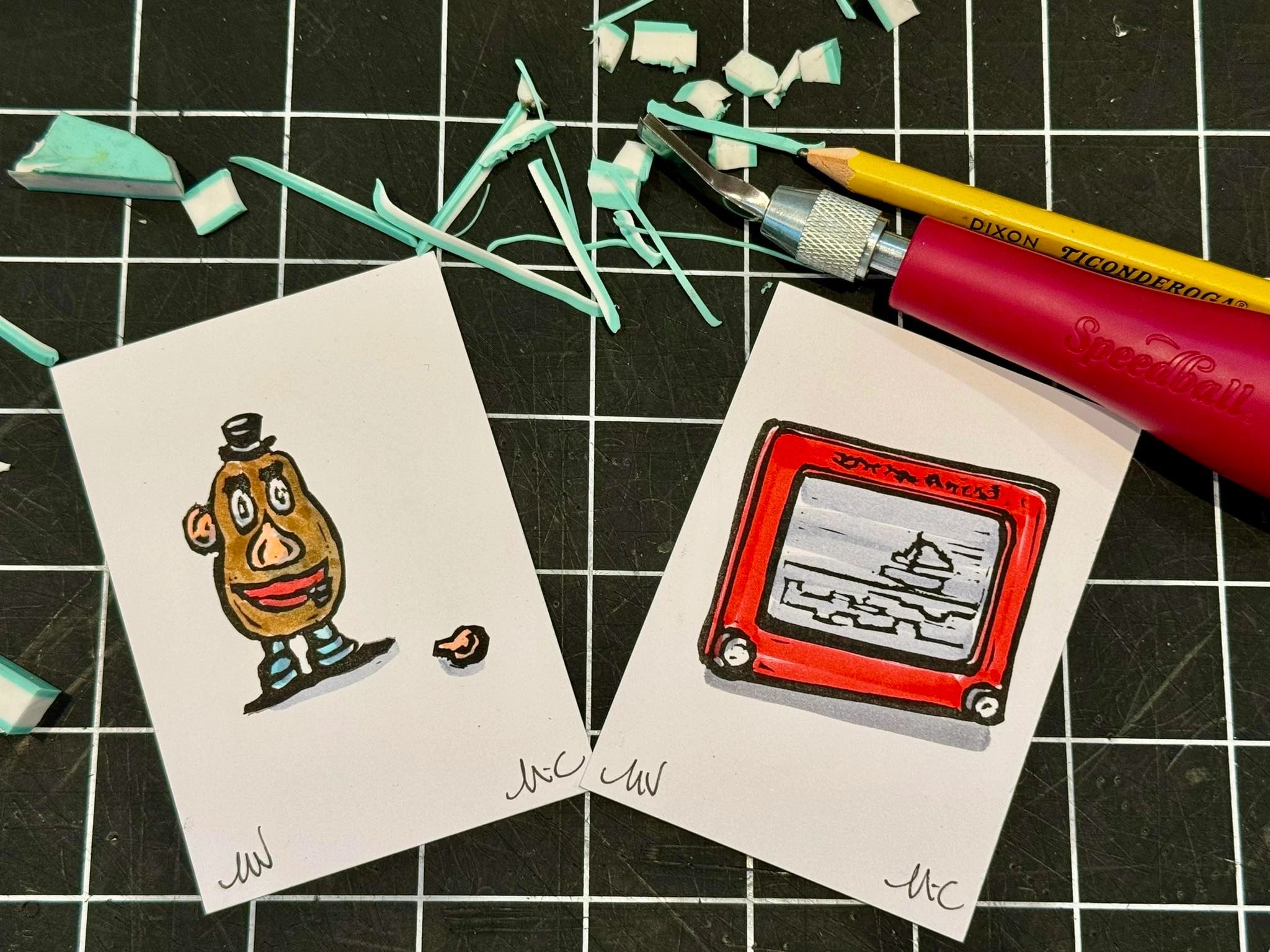 Mr. Potato Head and etch-a-sketch hand carved mini prints
