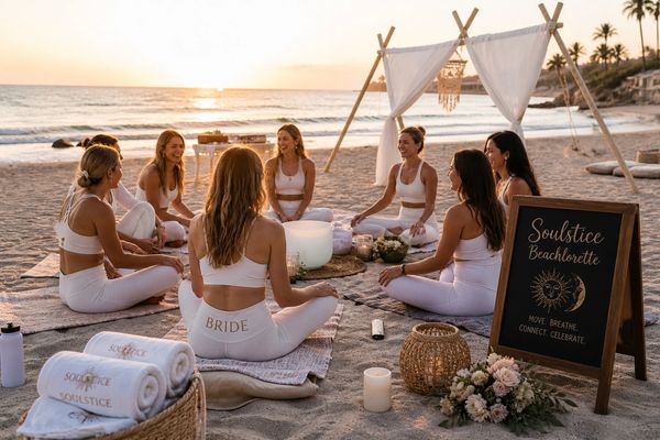 Women in white yoga attire meditating on a beach at sunset for a Soulstice Beachlorette event.