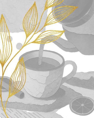 Stylized gray tea cup with golden leaf design.