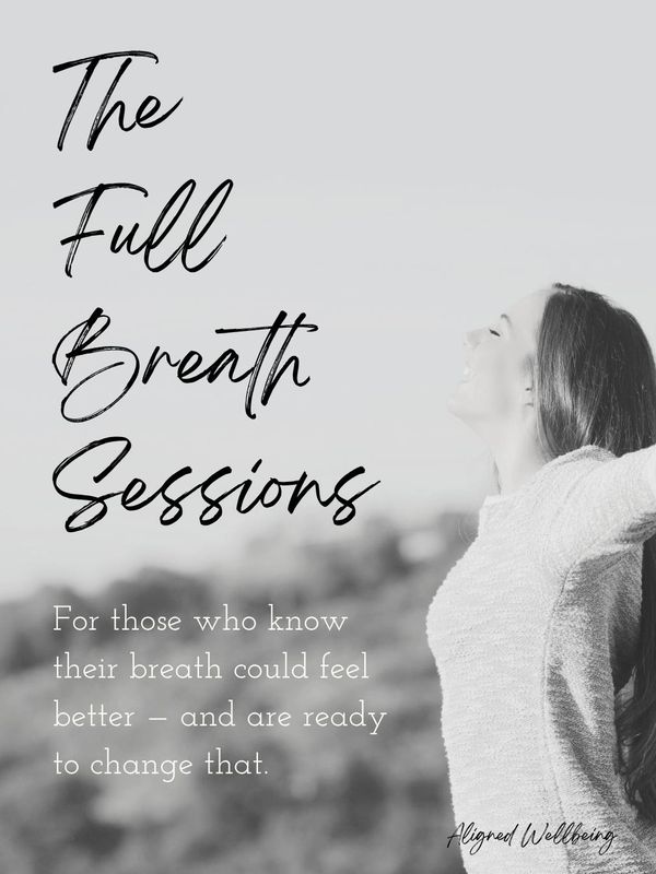 A woman enjoying a deep breath with text promoting 'The Full Breath Sessions'.