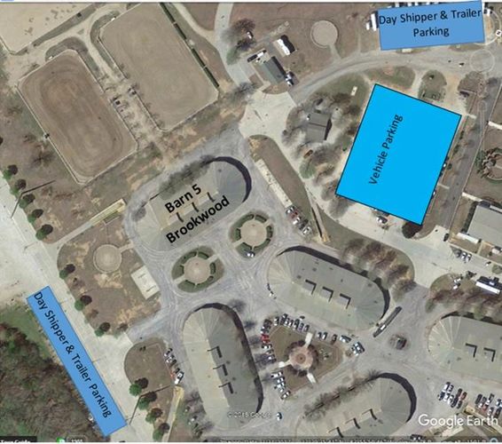 Close up aerial view of Barn 5 and rings 8, 9 and 10.  Calls out parking areas and RV parking.