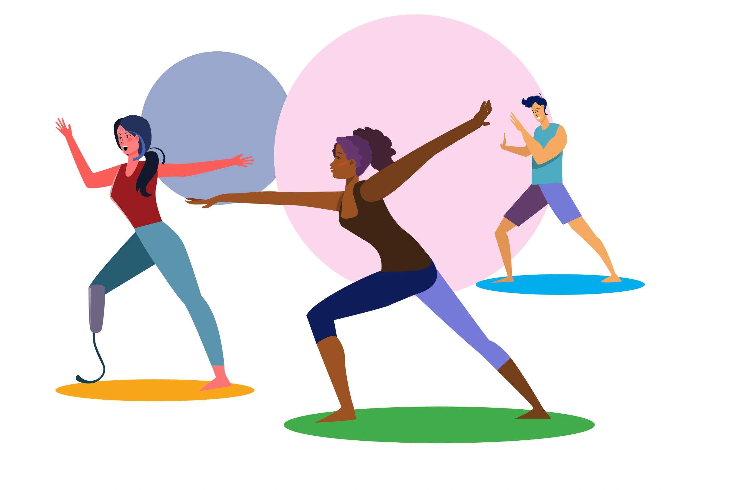 Three people practicing yoga poses on colorful mats.