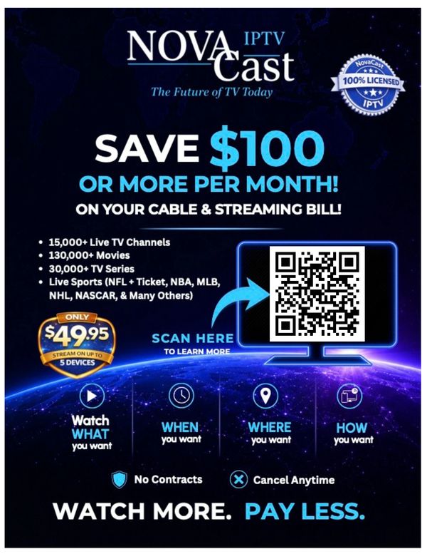 IPTV service ad offering $100 savings monthly on cable and streaming.