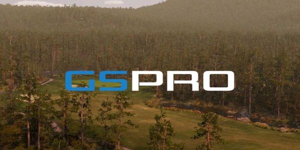 GS Pro logo over a golf course landscape with trees and hills.