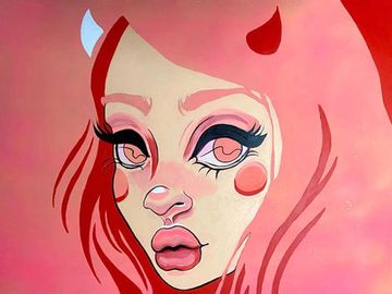 Colorful stylized portrait of a girl with devil horns.