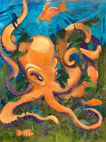 Colorful octopus underwater with fish and plants.