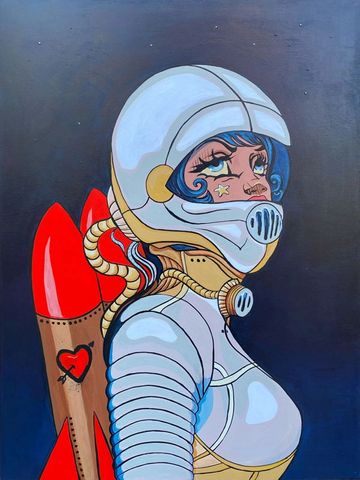 Space Grrl Painting on Pine Wood with Fiber Optic Lights for purchase. 