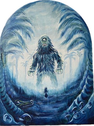 A dark cyclopean monster looming in a foggy blue forest.