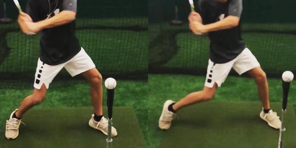 Sequence of a baseball player hitting a ball on a tee.