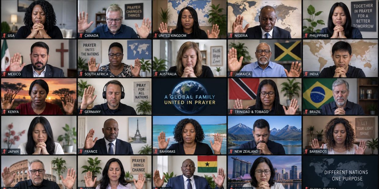 People from various countries praying together online.