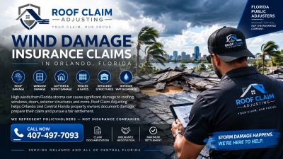 Wind damage and water intrusion insurance claim scene for Roof Claim Adjusting, showing roof damage 