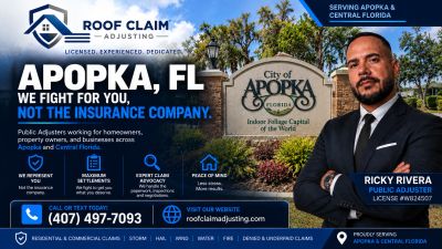 Apopka public adjuster helping homeowners and property owners with roof, wind, hail, water, fire, de