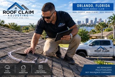 Roof Claim Adjusting specialist inspecting roof damage in Orlando, Florida.