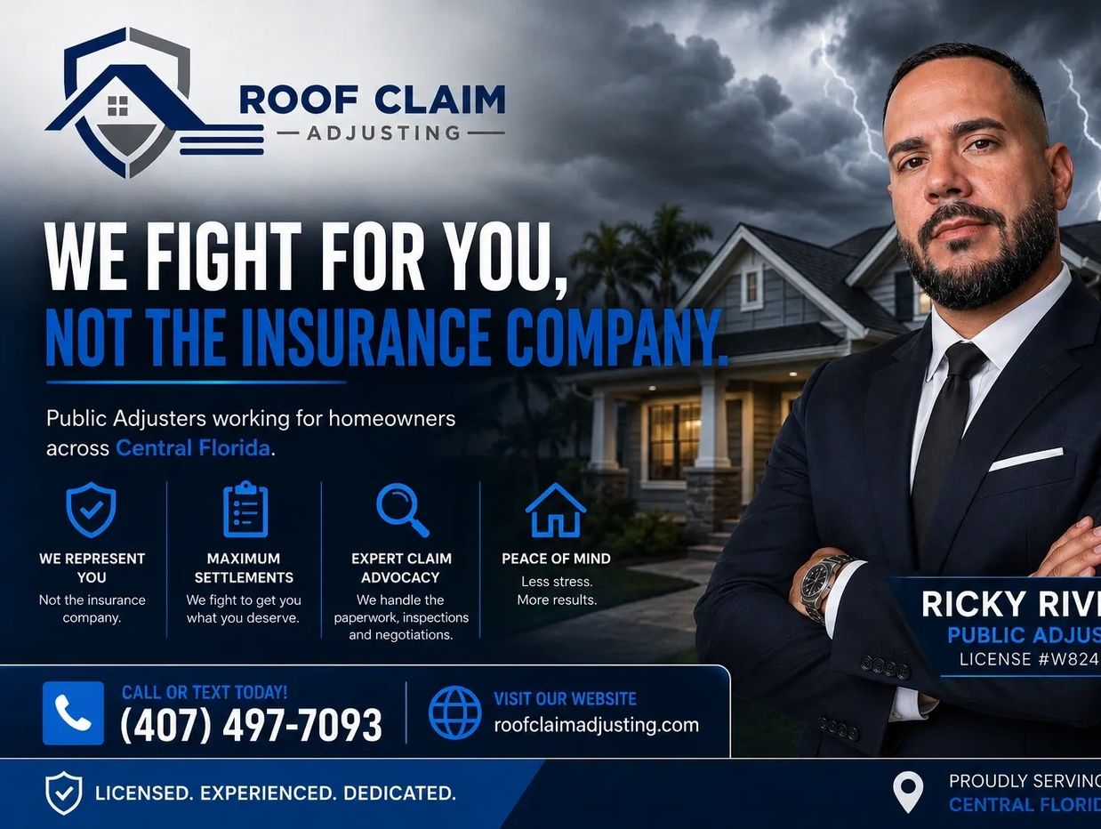 Roof Claim Adjusting ad featuring Ricky Rivera, public adjuster.
