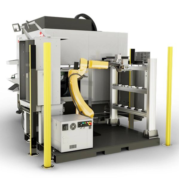 Industrial robotic arm integrated with machinery for automated manufacturing.