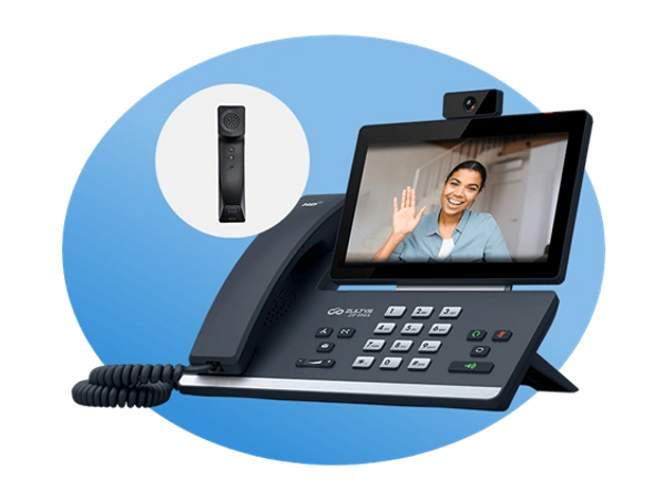 Modern video phone system with keypad and handset, screen displaying a smiling woman waving