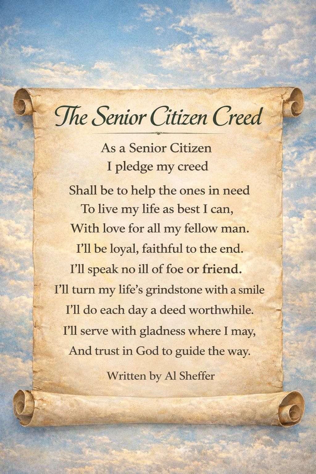 A scroll displaying The Senior Citizen Creed written by Al Sheffer.