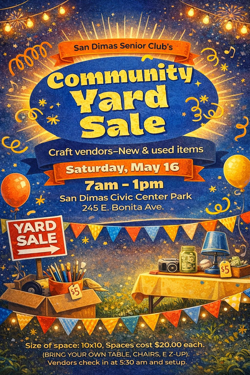 Colorful flyer for San Dimas Senior Club's Community Yard Sale on May 16, 7am-1pm.