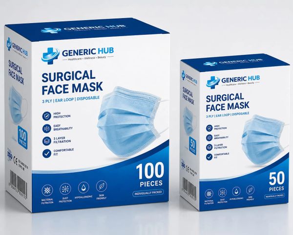 Boxes of Generic Hub surgical face masks in 100 and 50 piece packs.