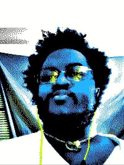 Pixelated portrait of a person with glasses and earbuds.