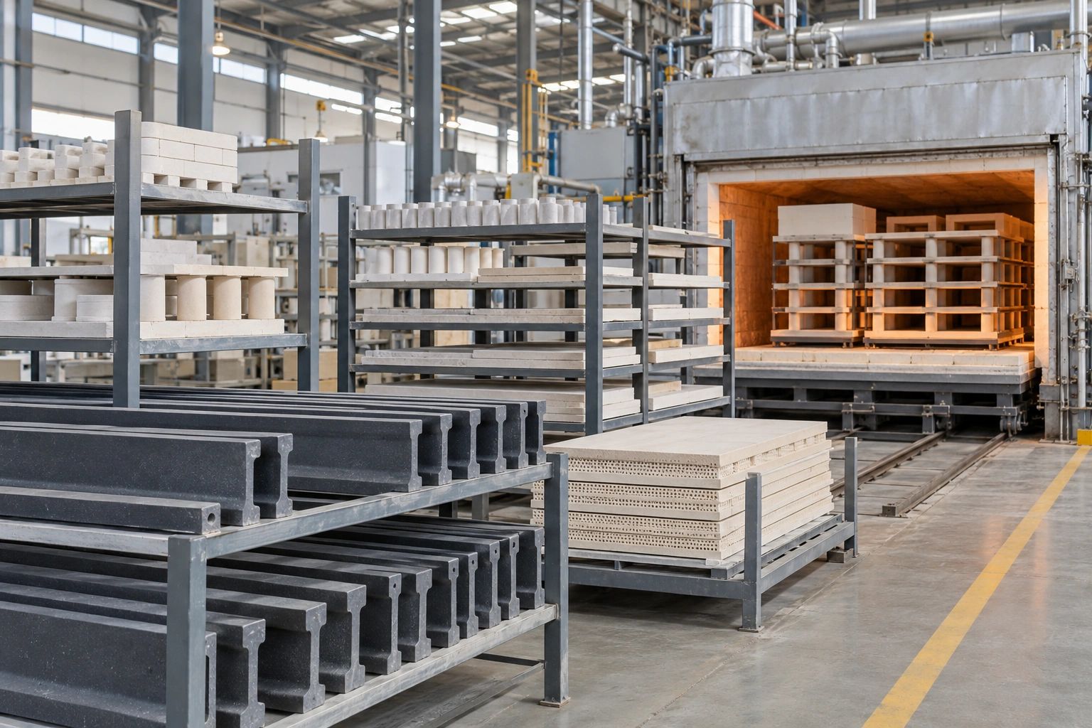 Custom refractory shapes, supports and kiln furniture in an industrial production facility