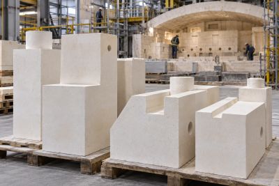 Fused-cast AZS and custom refractory blocks for glass melting furnace construction
