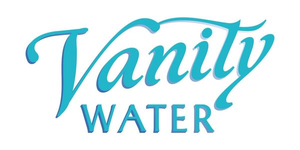 Logo of Vanity Water with stylized blue text on white background.