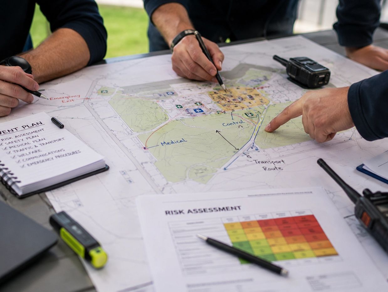 People planning an emergency event using maps and risk assessment documents.
