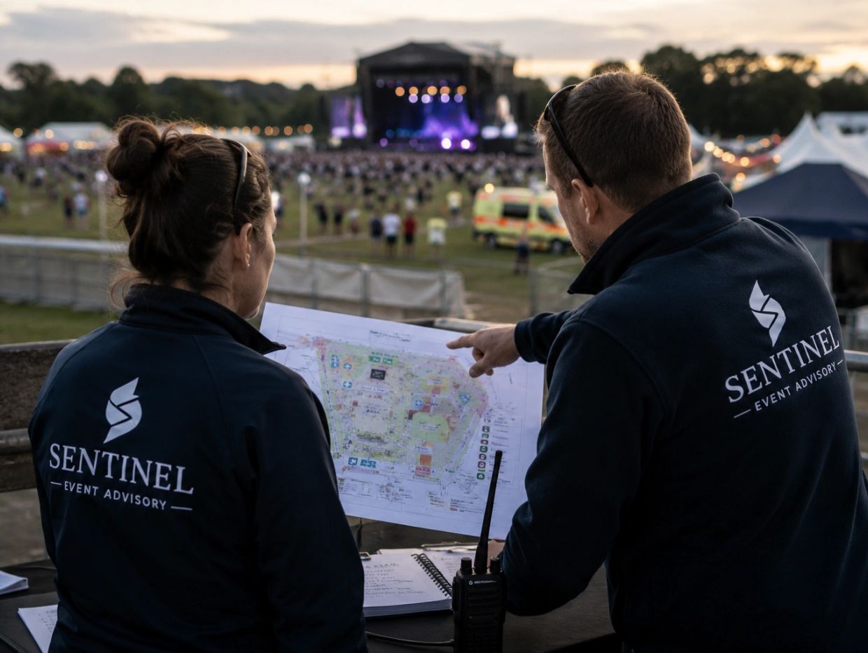 Two event advisors reviewing a map at a large outdoor concert.