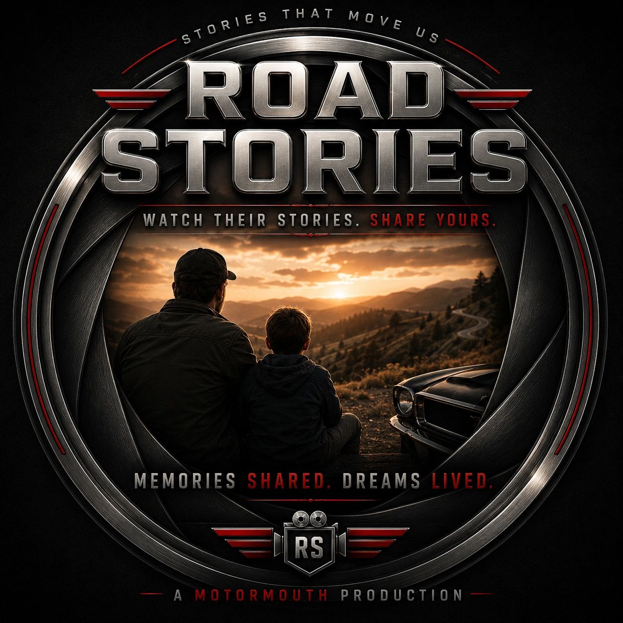 Graphic poster for Road Stories featuring a man and child at sunset.