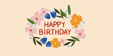 Floral wreath with 'Happy Birthday' text on a beige background.