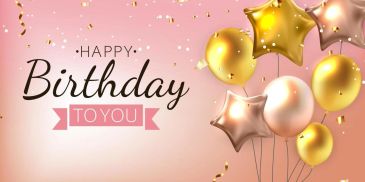 Happy Birthday message with gold and rose gold balloons.