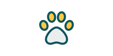 Logo with yellow paw print and dark blue text.