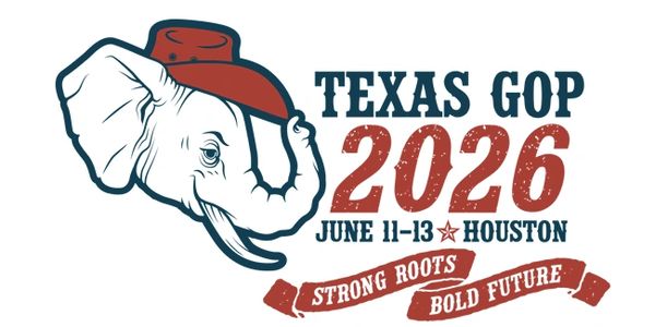 Texas GOP 2026 event logo with elephant and cowboy hat.