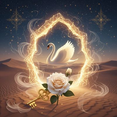 A glowing magical portal with a swan, white rose, and golden key in a desert under a starry sky.