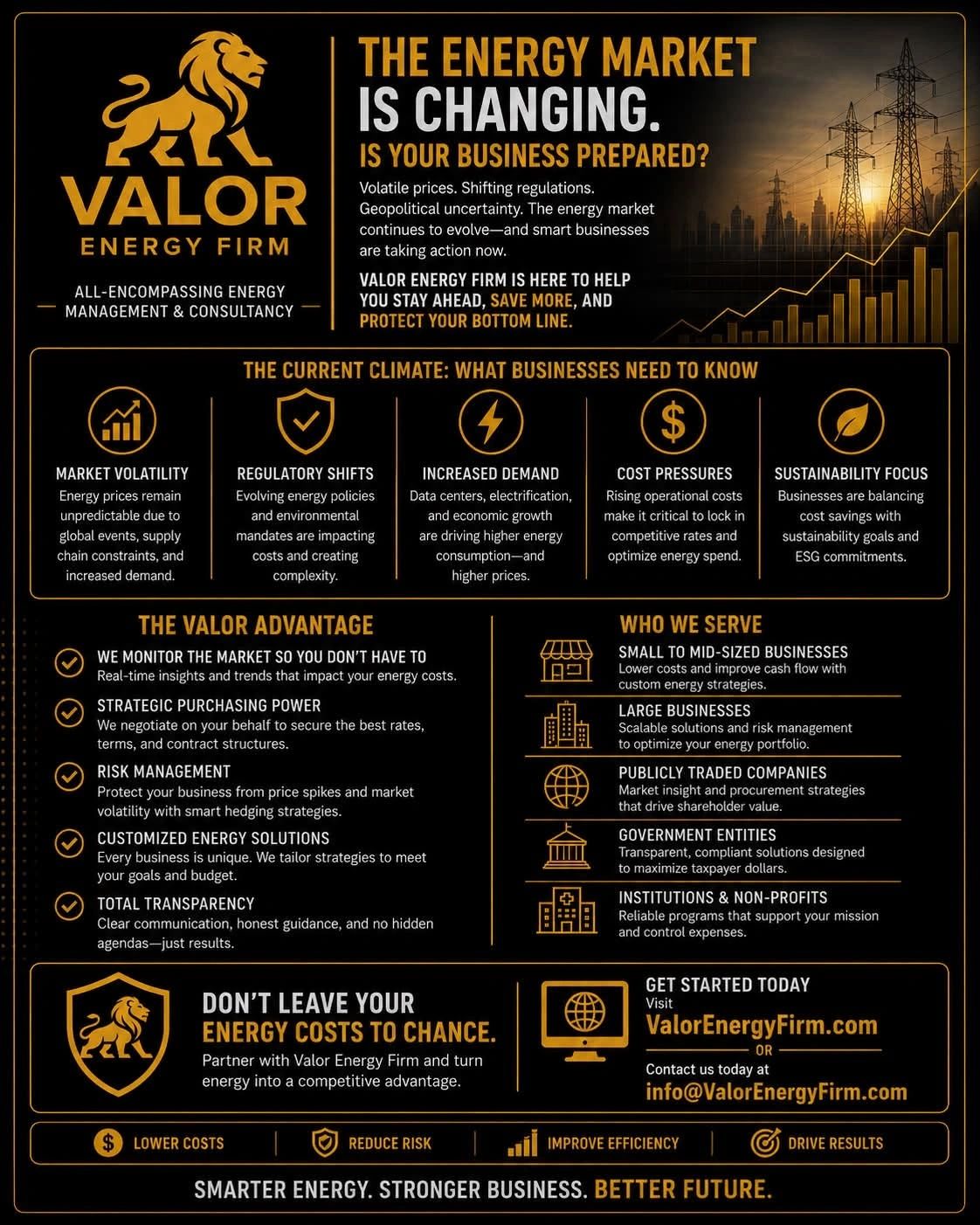 Valor Energy Firm advertisement highlighting energy market changes and solutions for businesses.