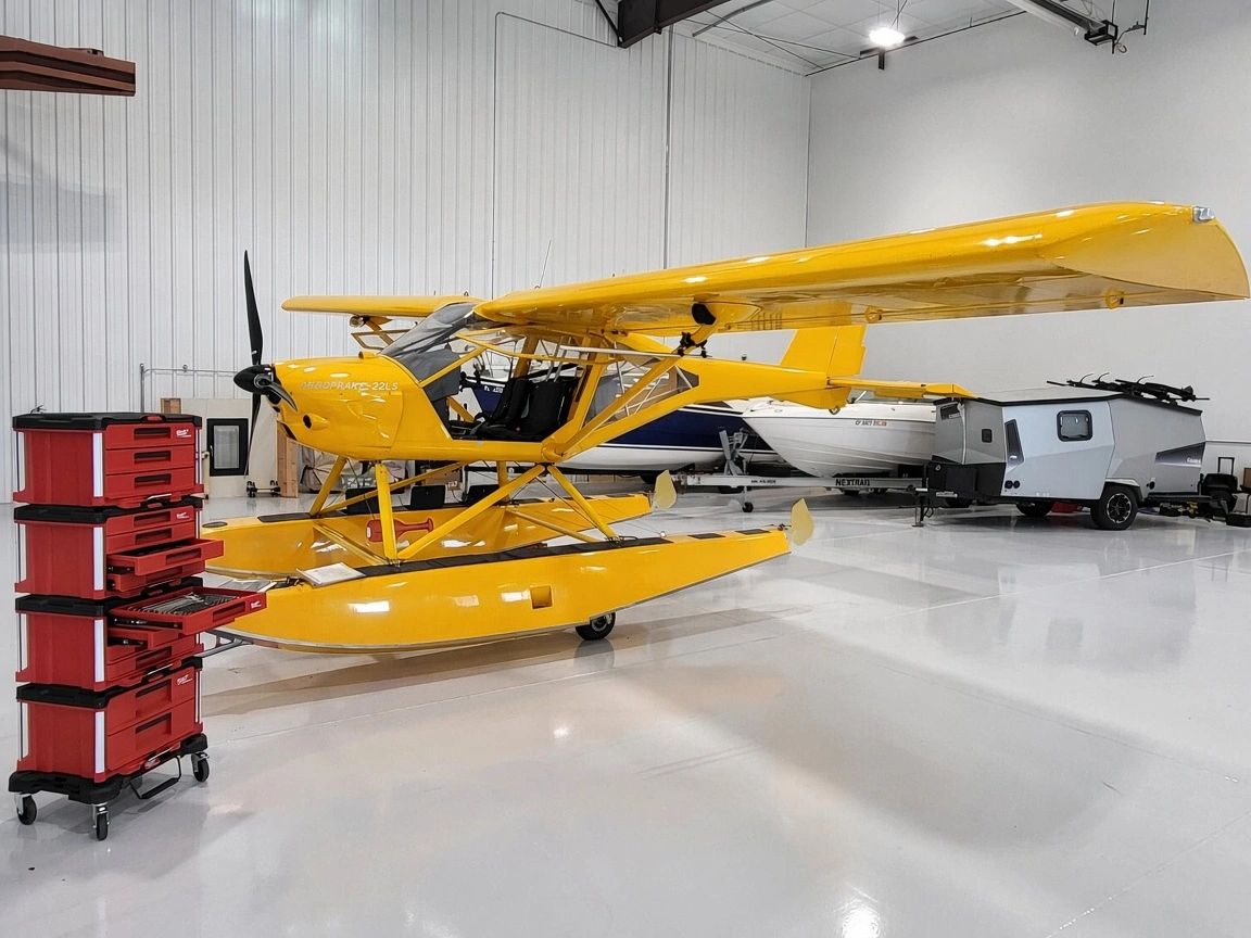 Yellow amphibious floatplane inside a hangar.