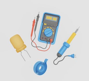 Digital multimeter, capacitor, soldering iron, and electrical tape arranged on a light background.