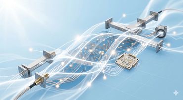 Visualization of data transmission through electronic components with light trails.