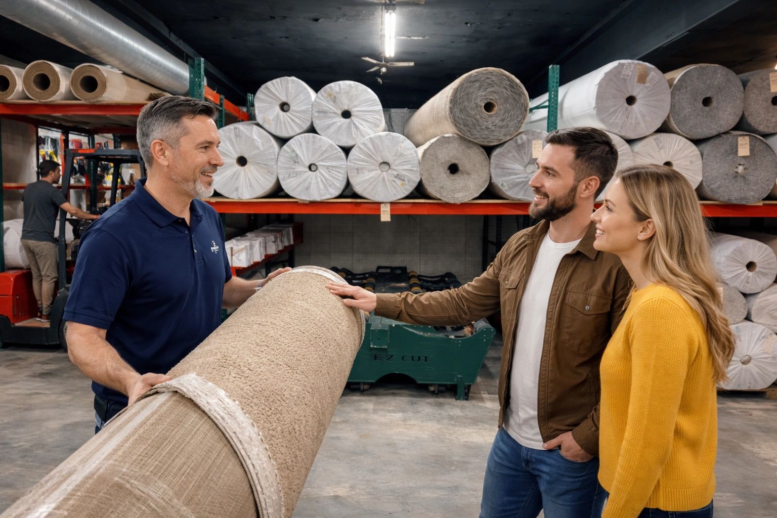 Couple shopping for carpet rolls in a warehouse with a salesperson.