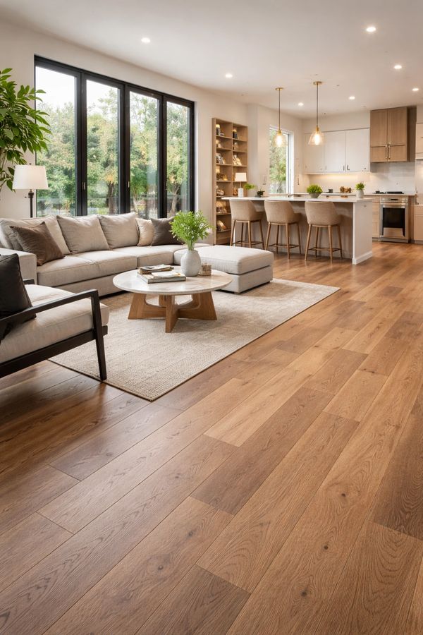 Modern open living room with wooden flooring and neutral furniture.