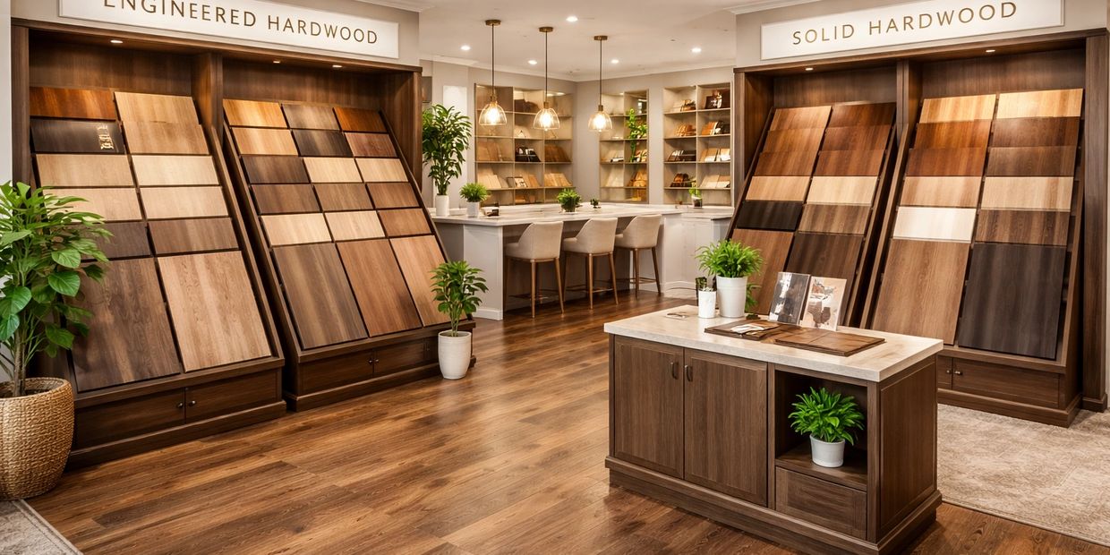 Elegant hardwood flooring showroom with engineered and solid wood samples.