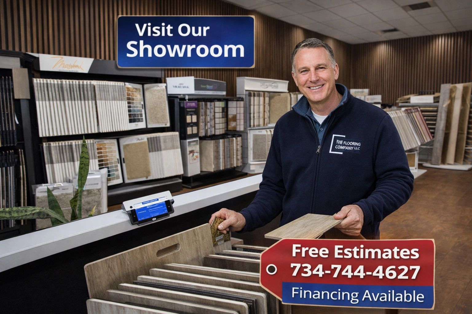 Man in showroom holding flooring samples, smiling.