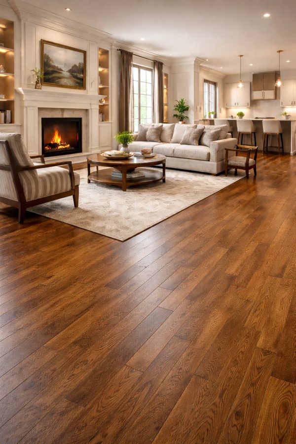 Cozy living room with hardwood floors, fireplace, and neutral-toned furniture.