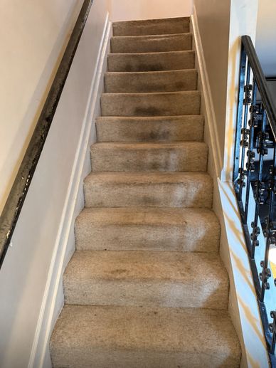 Carpeted staircase with worn spots and a black handrail on the right.