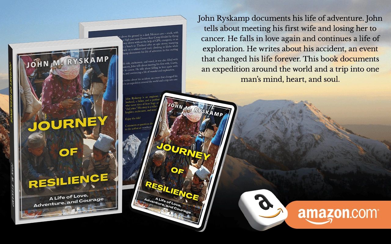Journey of Resilience" book covers, Amazon logo, and snowy mountain.