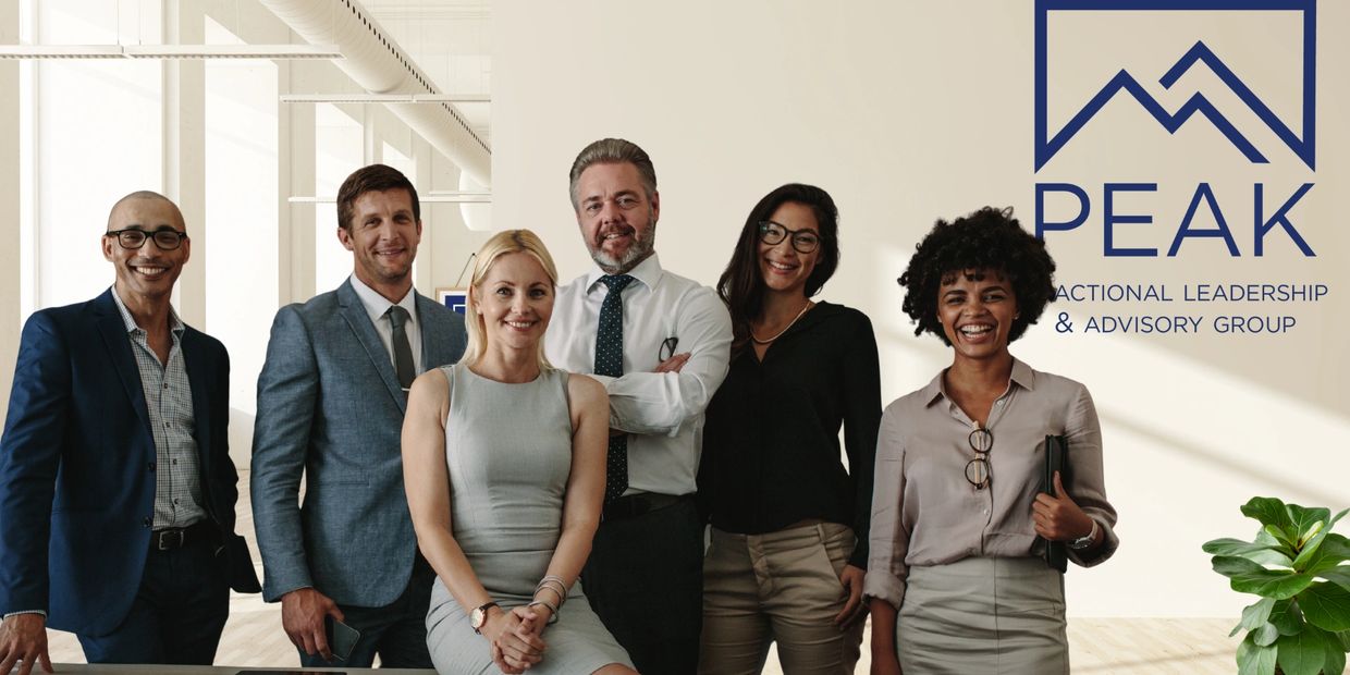 Diverse professional team posing confidently in a modern office with the Peak Leadership logo.
